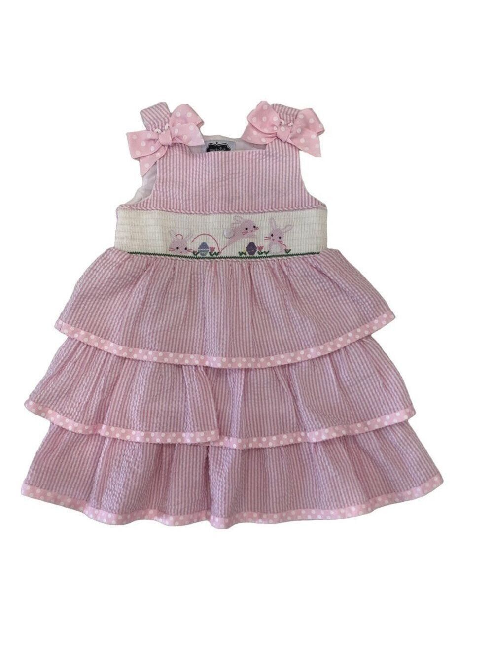 Mudpie Size 3T smocked tiered dress. Bunnies seersucker Easter Spring Embroidery